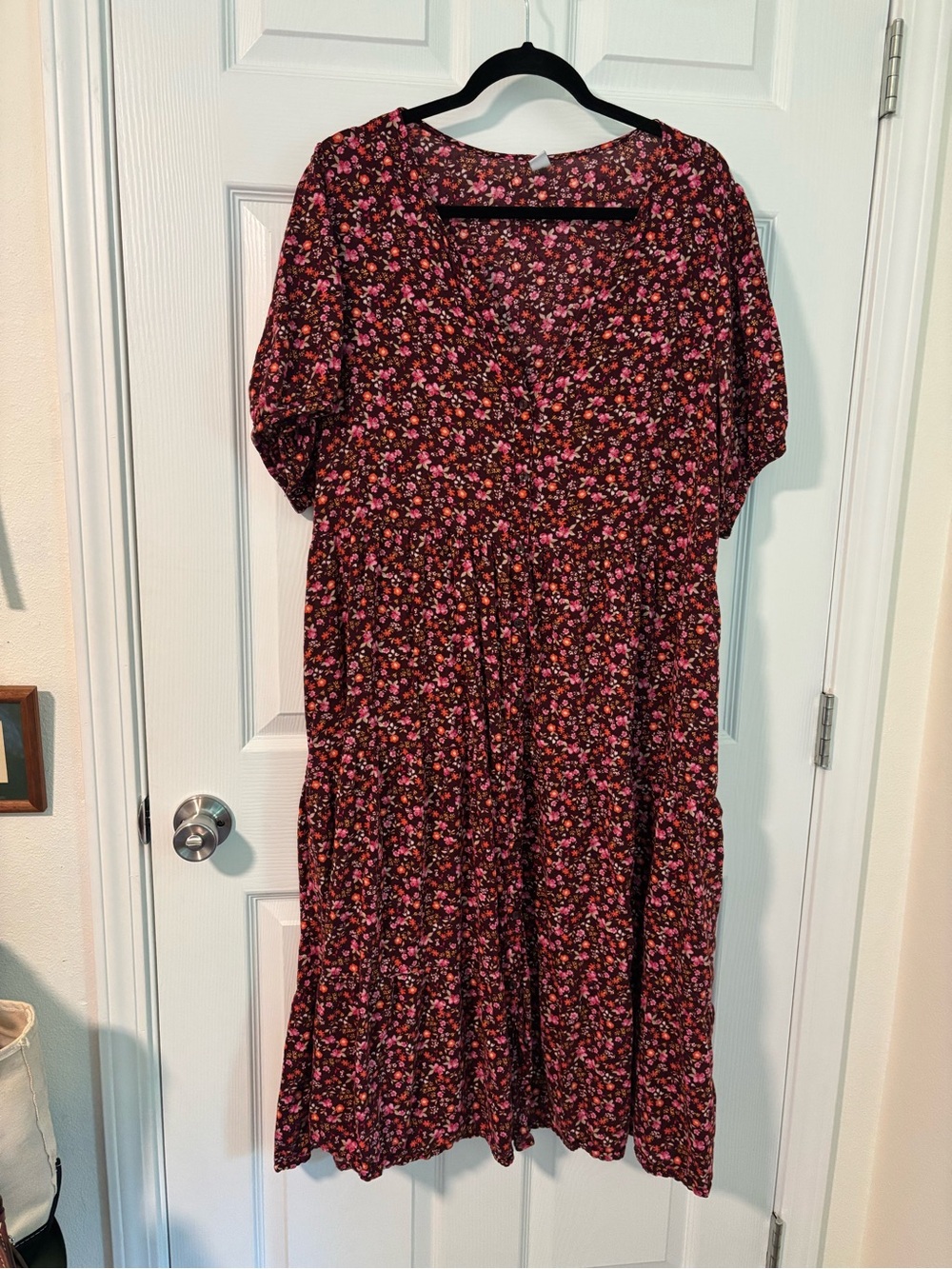 Old Navy Floral Midi Dress in Burgundy with Pink & Orange Accents perfect fall!